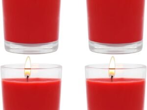 4 PEC of Red Votive Candles, Clear Glass Fille Vanilla Snscented Soy Wax Candle for Home Décor Weddings Spa Holidays Party, DIY, Meditation and Root Charka