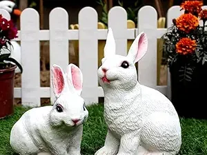 BHARATWALA Set of 2 : Resin Cute Standing and Sitting Rabbit Statue |Medium| | Garden Decor, Home Decor, Baloncy Decoration, gardden Statue | White Color | Can be Put Outside